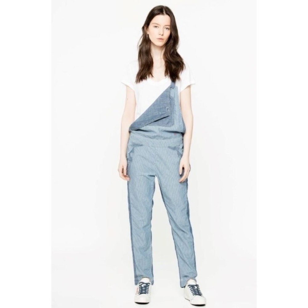 Zadig & Voltaire Sidney Patch Denim Overalls Size Small Blue Chambray Stripe